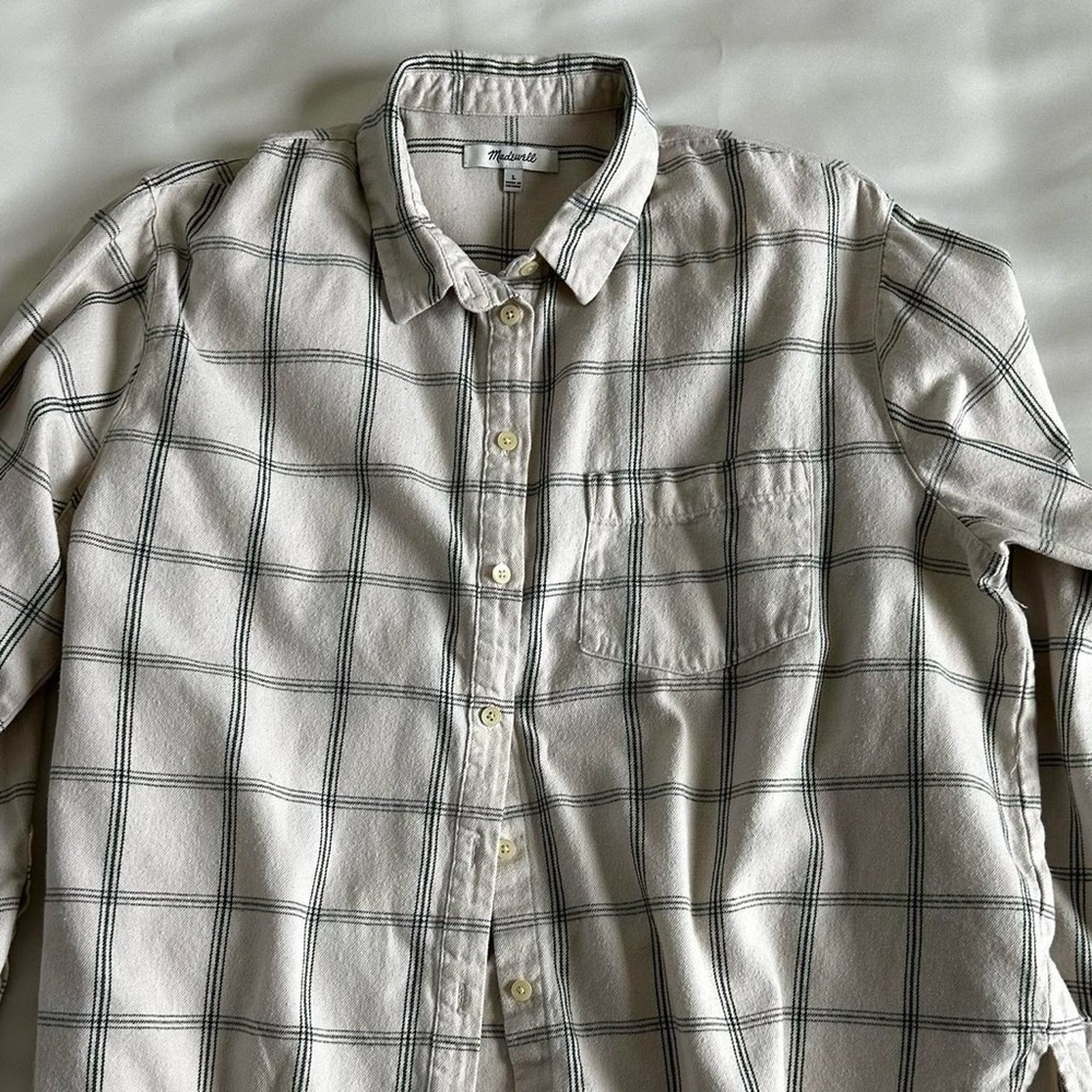 MADEWELL COTTON PLAID FLANNEL BUTTON UP SHIRT LONG SLEEVE in Cream/Green Size-L - Picture 4 of 8